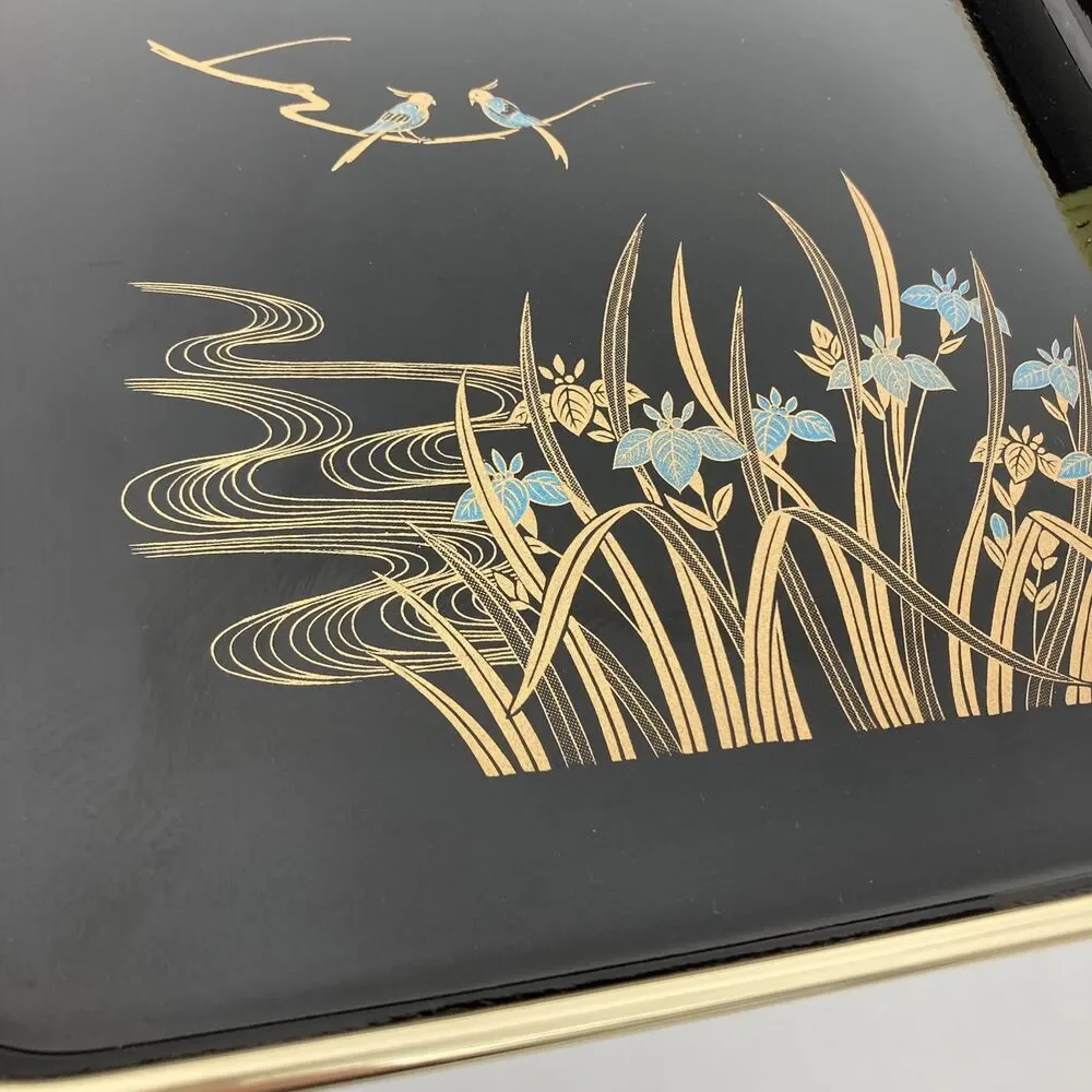 2 Set Vtg Toyo Japan Blue Iris Birds Black Lacquer Decorative Trays Gold Reeds